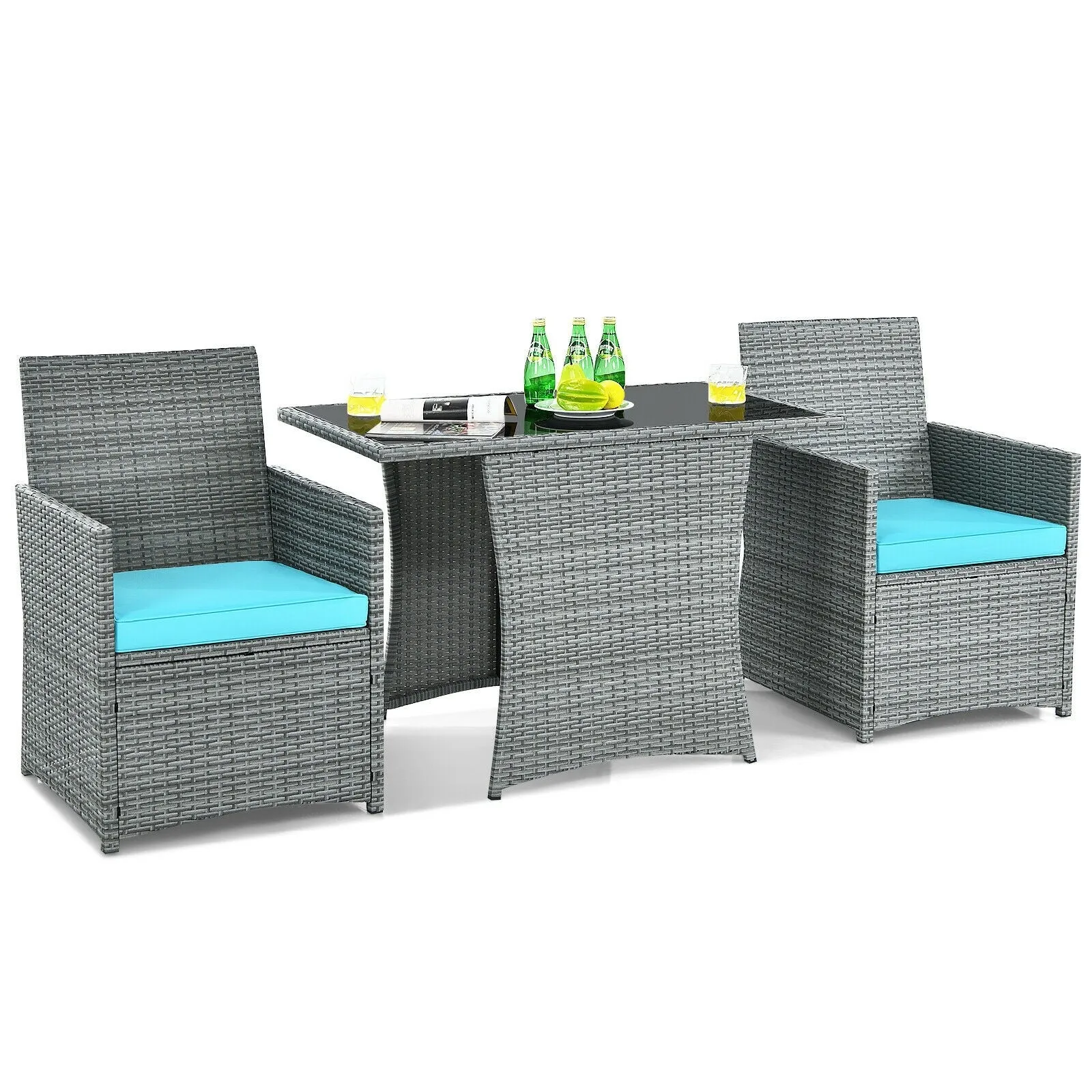 3pc Cushioned Patio Rattan Furniture Set - Turquoise