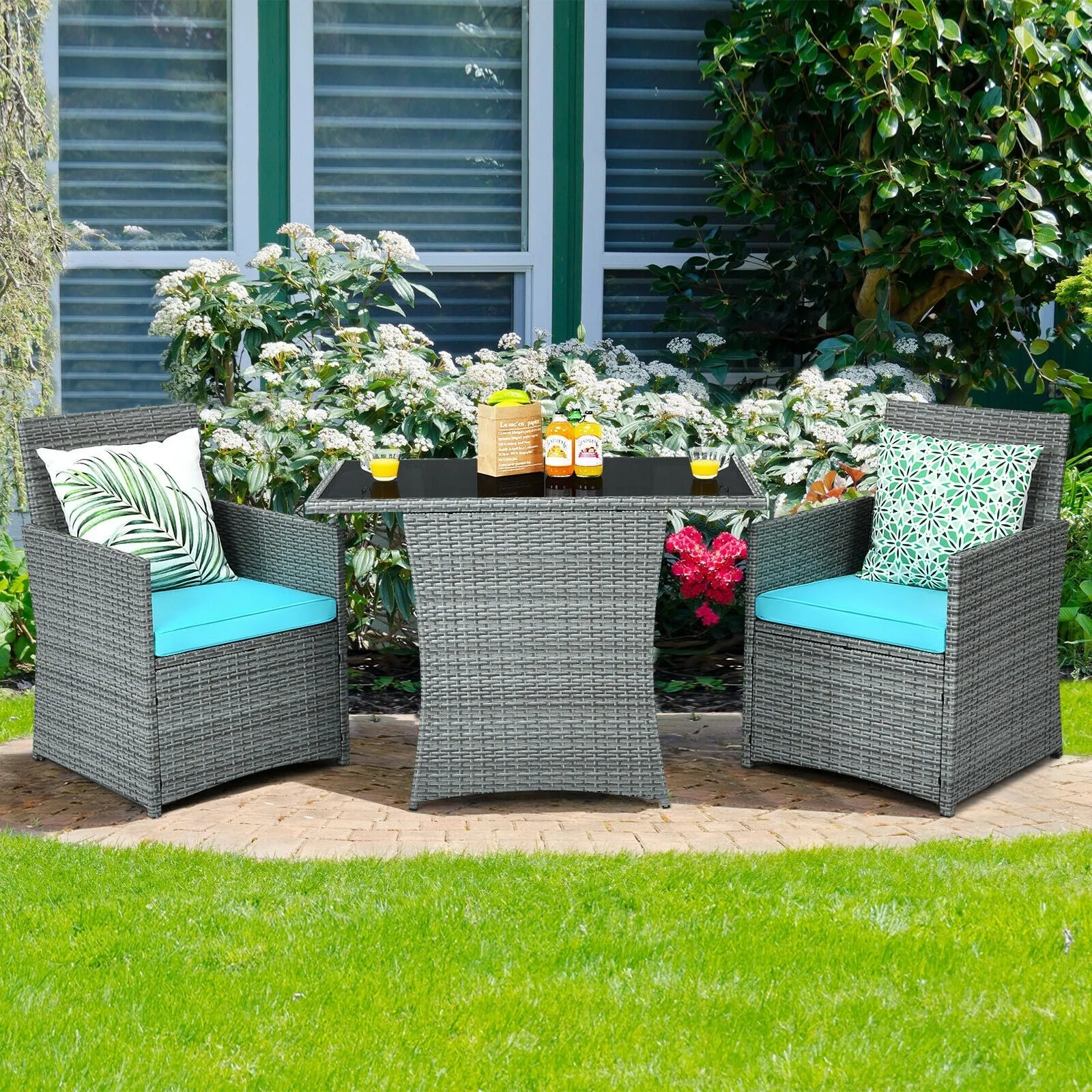 3pc Cushioned Patio Rattan Furniture Set - Turquoise