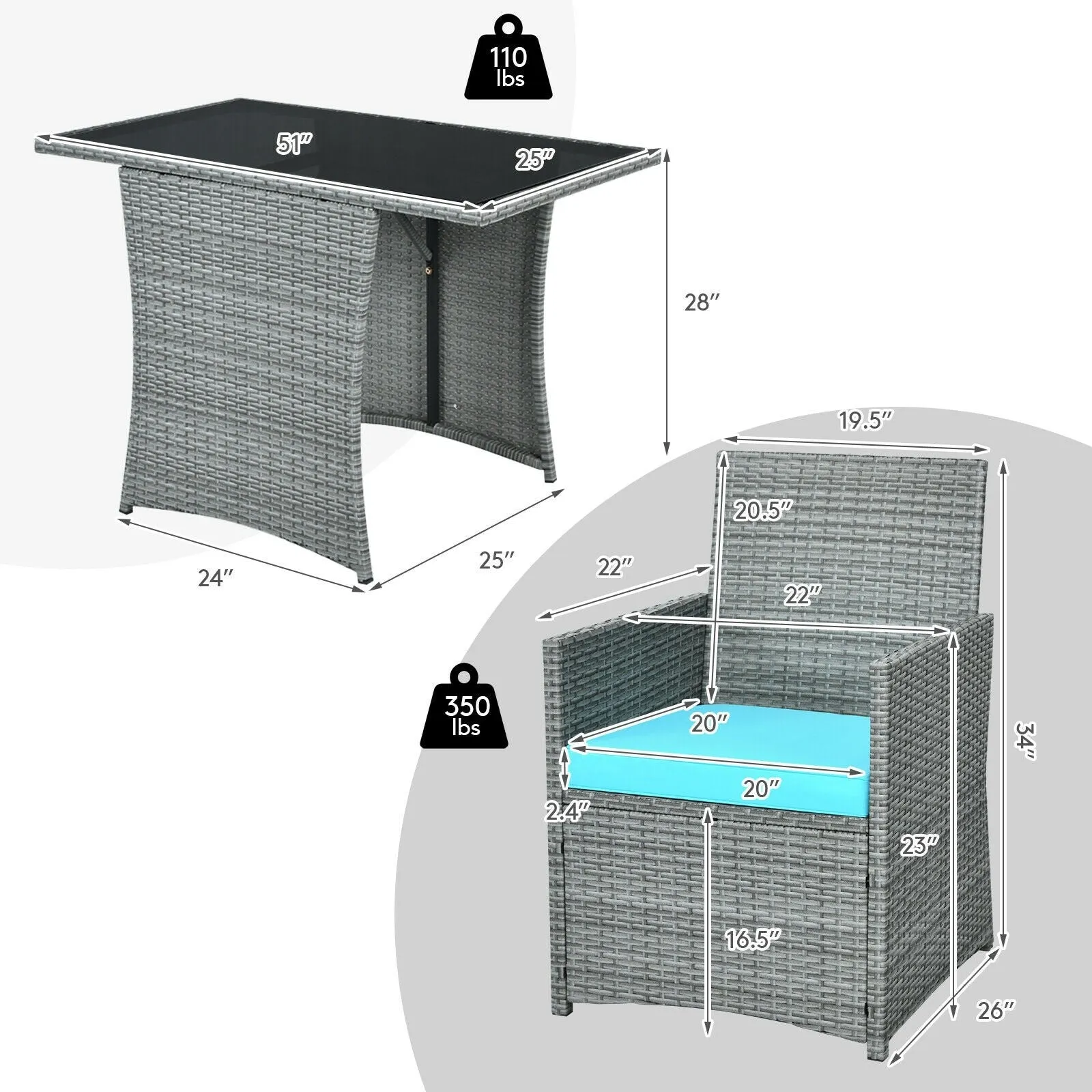 3pc Cushioned Patio Rattan Furniture Set - Turquoise