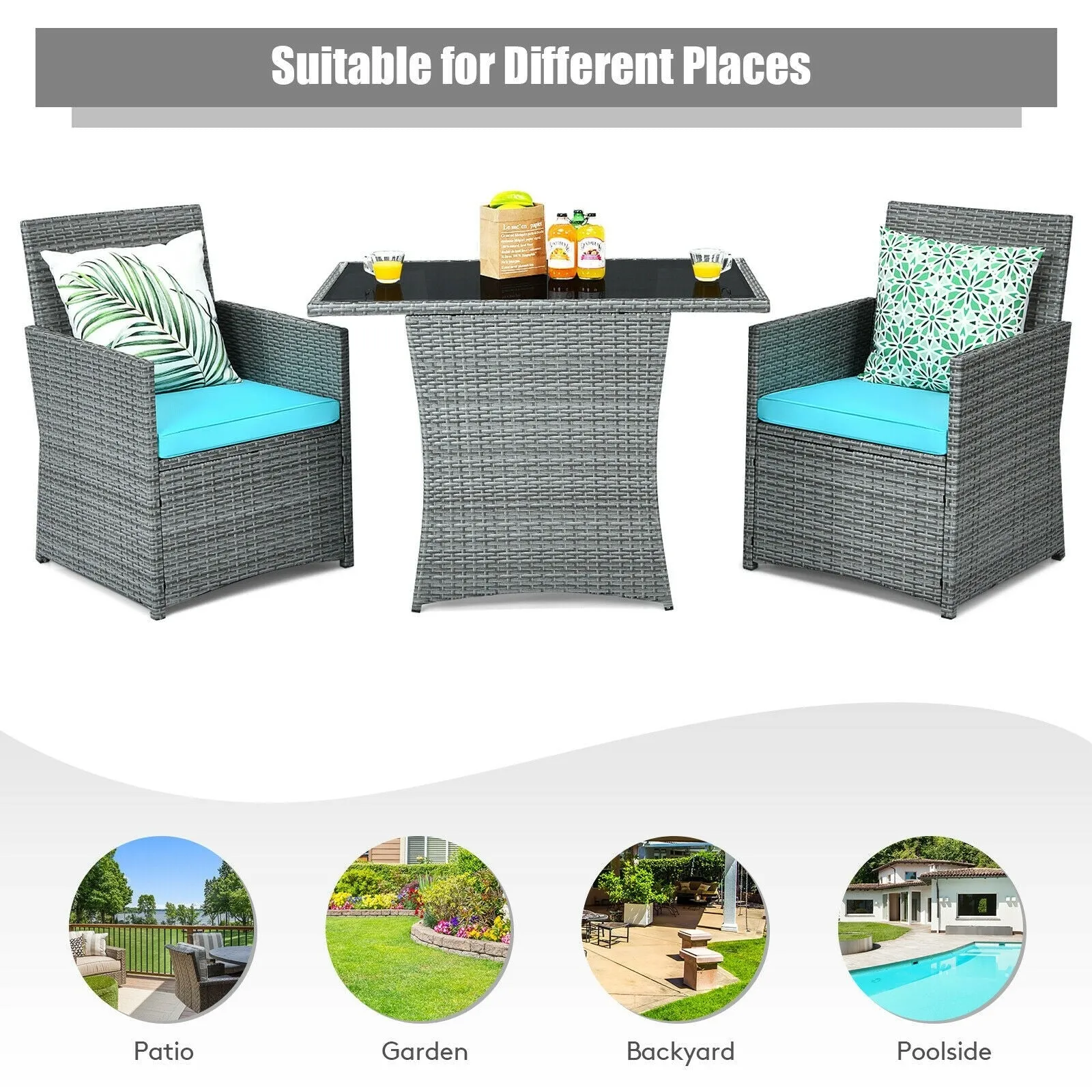 3pc Cushioned Patio Rattan Furniture Set - Turquoise