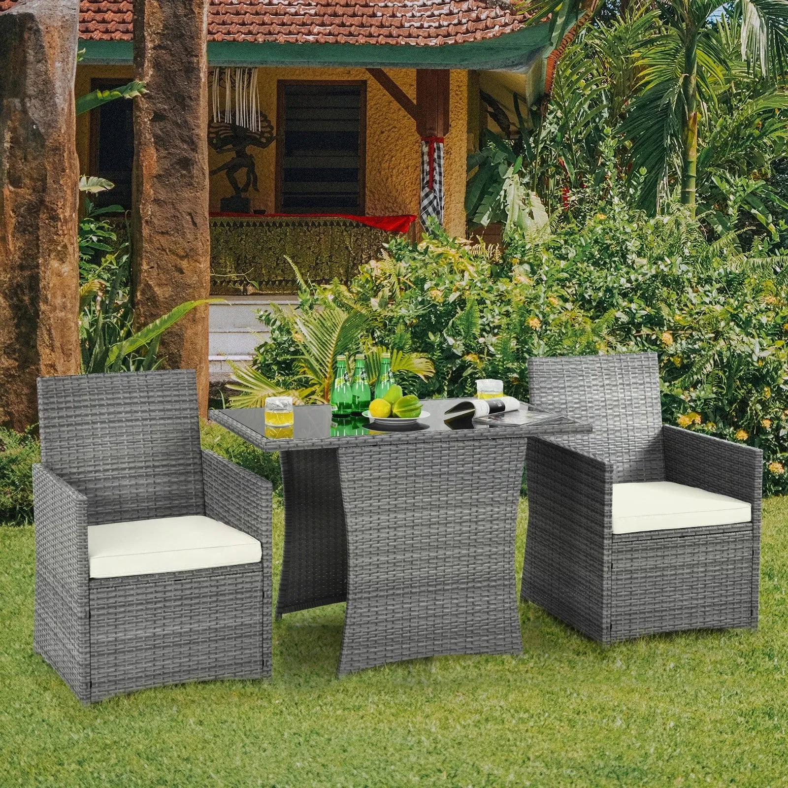 3pc Cushioned Patio Rattan Furniture Set - White