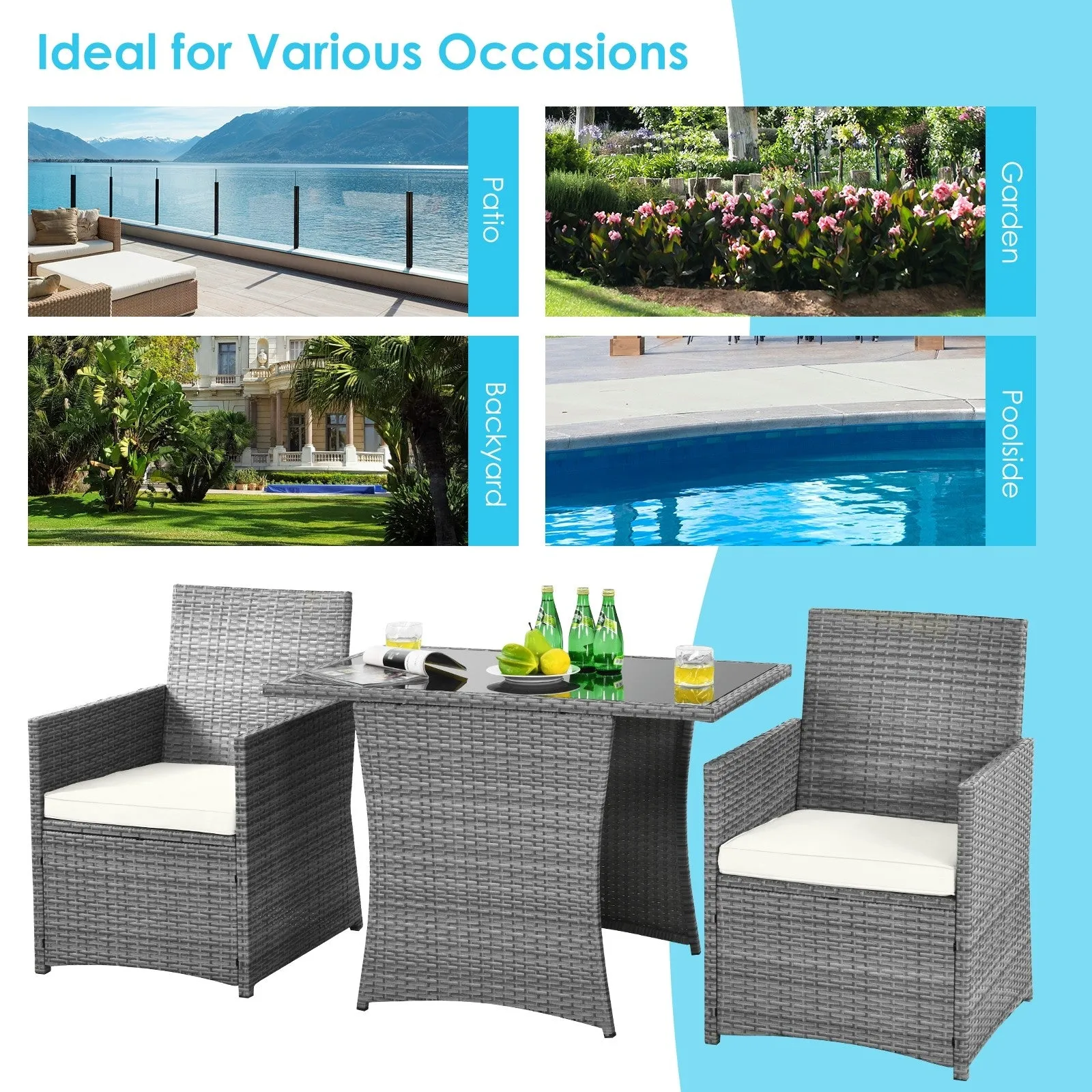 3pc Cushioned Patio Rattan Furniture Set - White