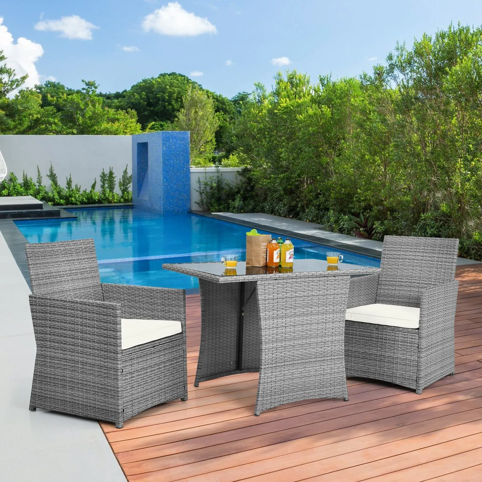 3pc Cushioned Patio Rattan Furniture Set - White