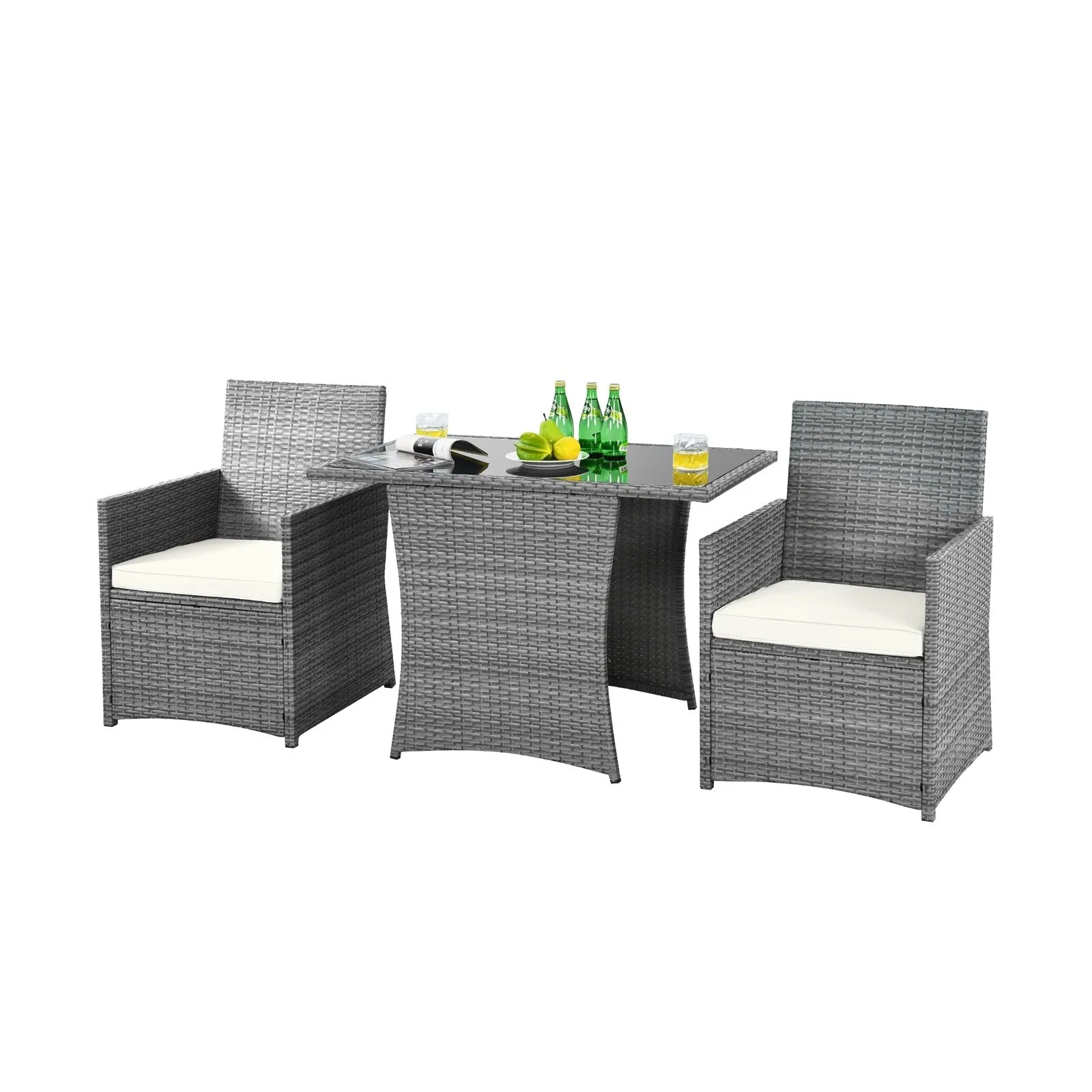 3pc Cushioned Patio Rattan Furniture Set - White