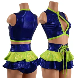 3PC Keyhole Crop, Double Ruffle Mini Skirt, and Siren Shorts Set