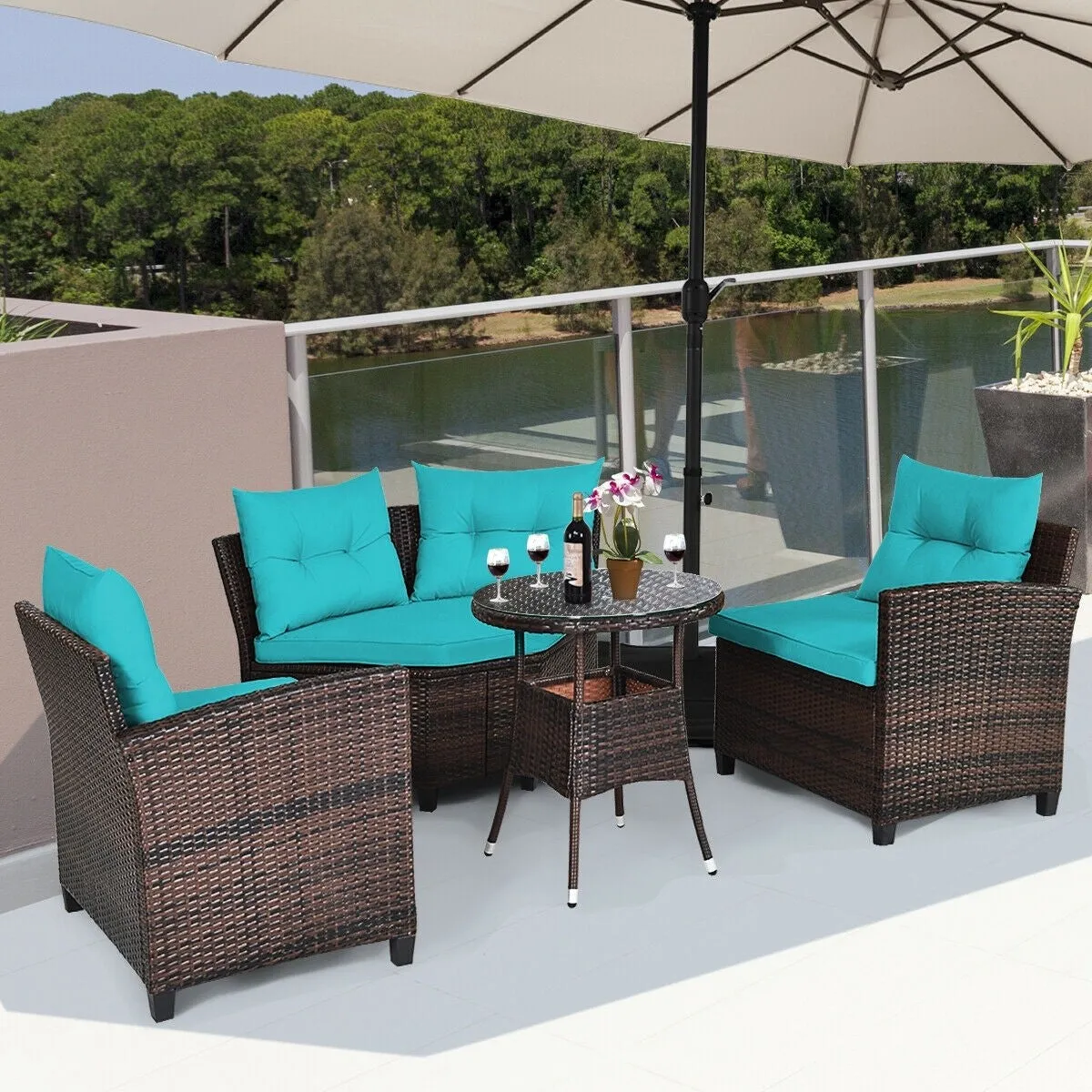 4pc Outdoor Cushioned Wicker Rattan Furniture Set - Turquoise