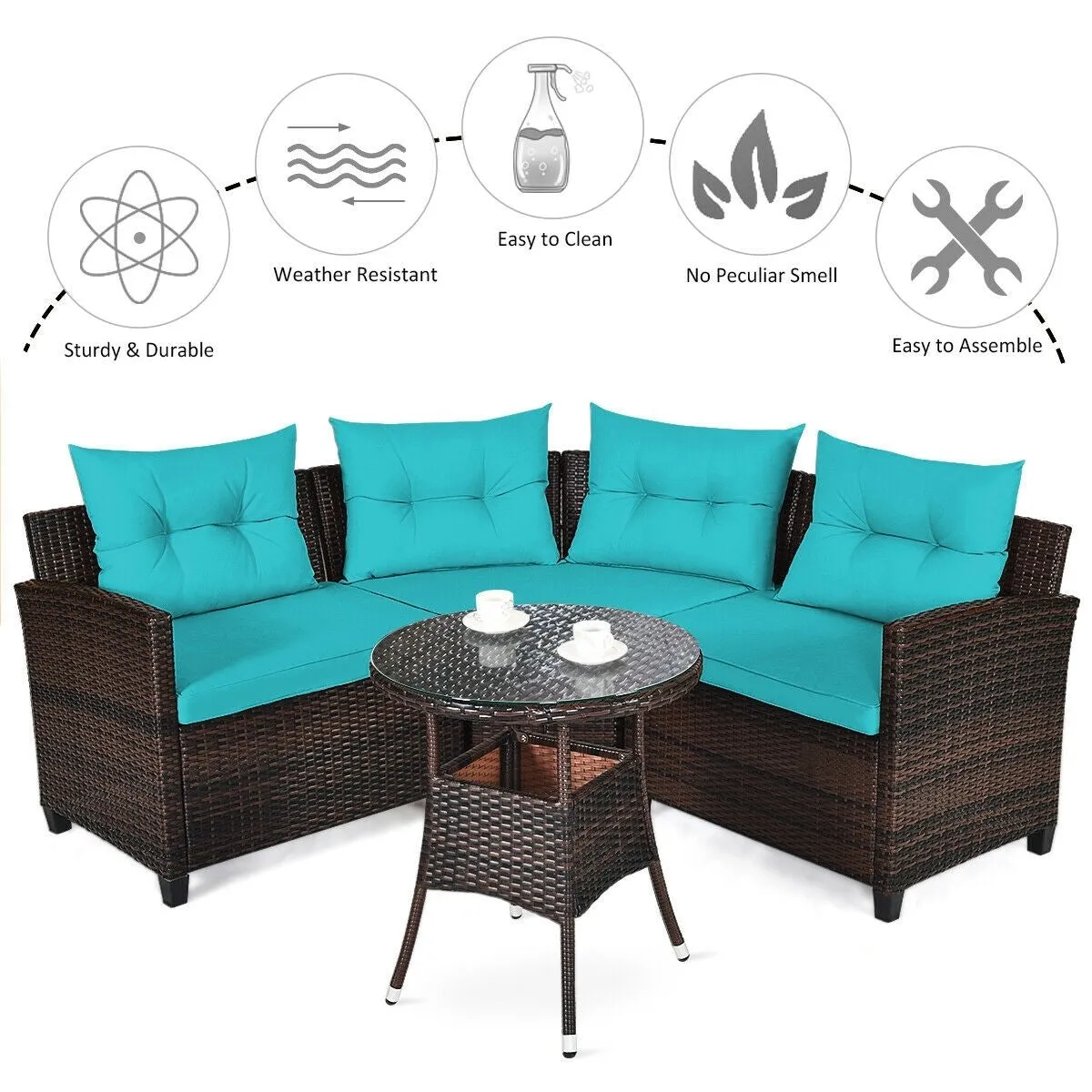 4pc Outdoor Cushioned Wicker Rattan Furniture Set - Turquoise