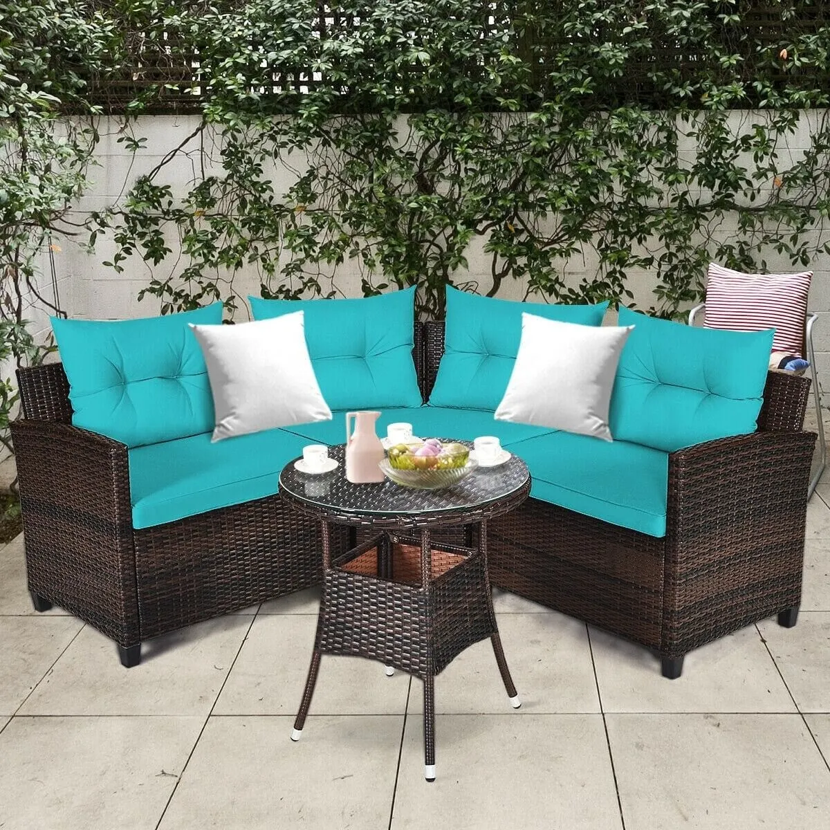 4pc Outdoor Cushioned Wicker Rattan Furniture Set - Turquoise