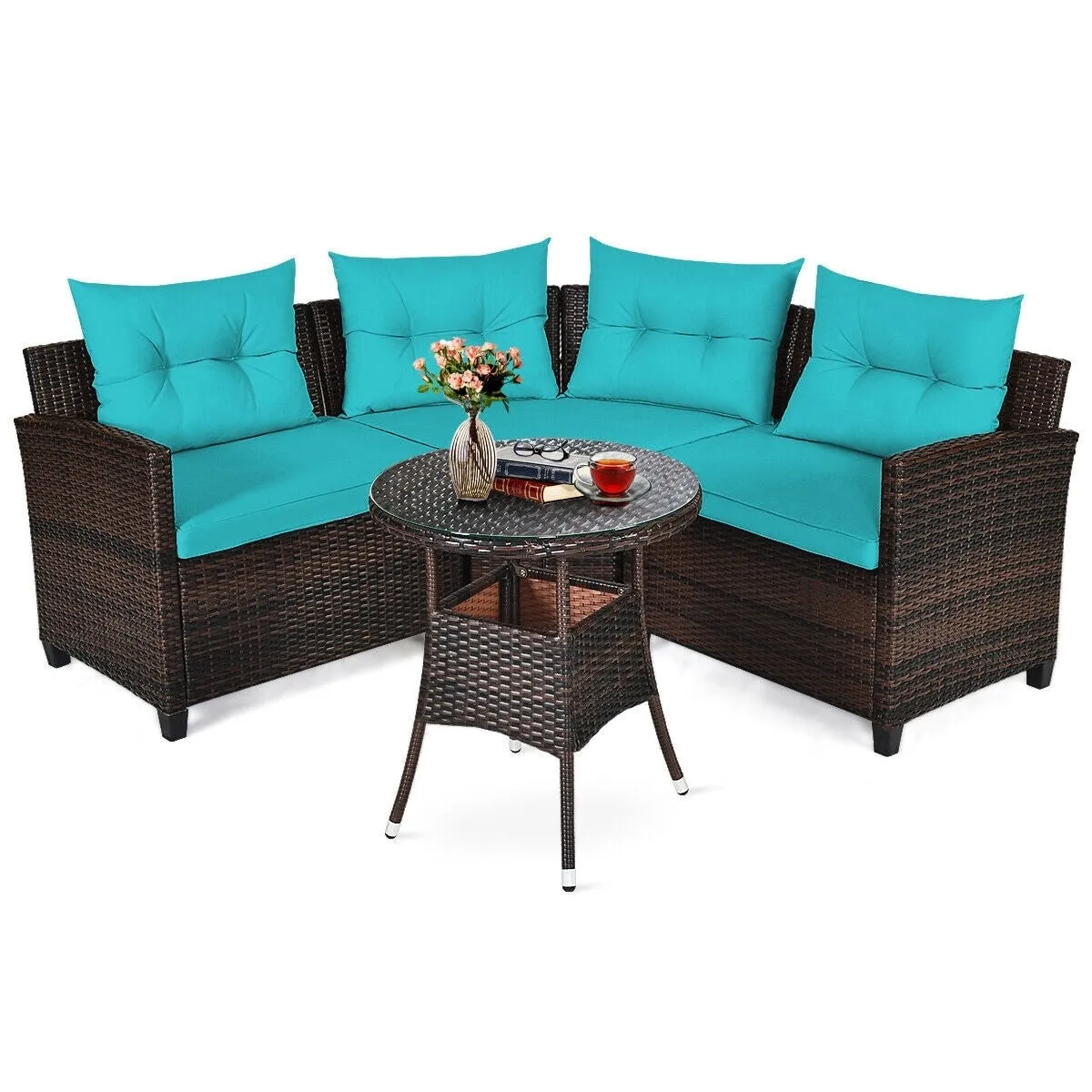 4pc Outdoor Cushioned Wicker Rattan Furniture Set - Turquoise