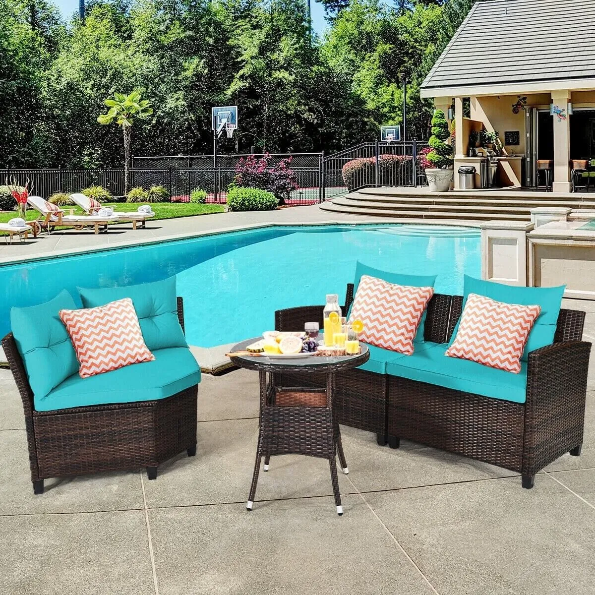 4pc Outdoor Cushioned Wicker Rattan Furniture Set - Turquoise