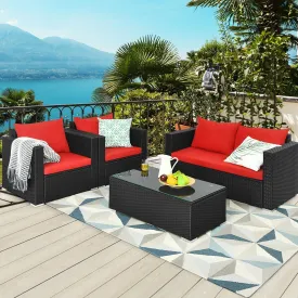 4pc Outdoor Wicker Rattan Cushioned Furniture Set - Red