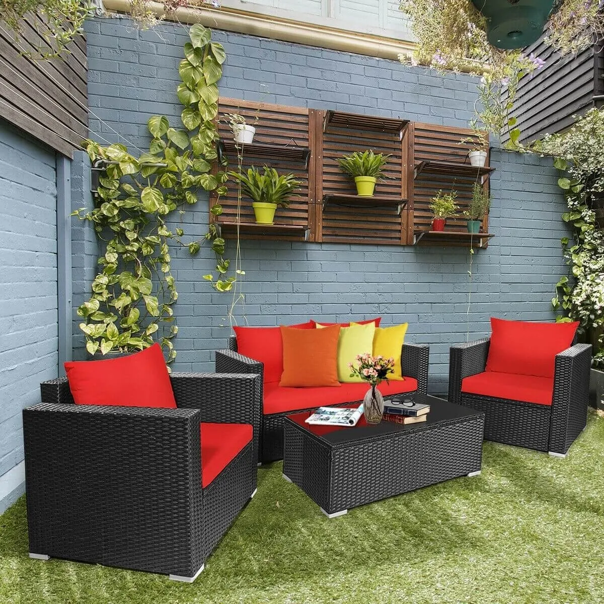 4pc Outdoor Wicker Rattan Cushioned Furniture Set - Red