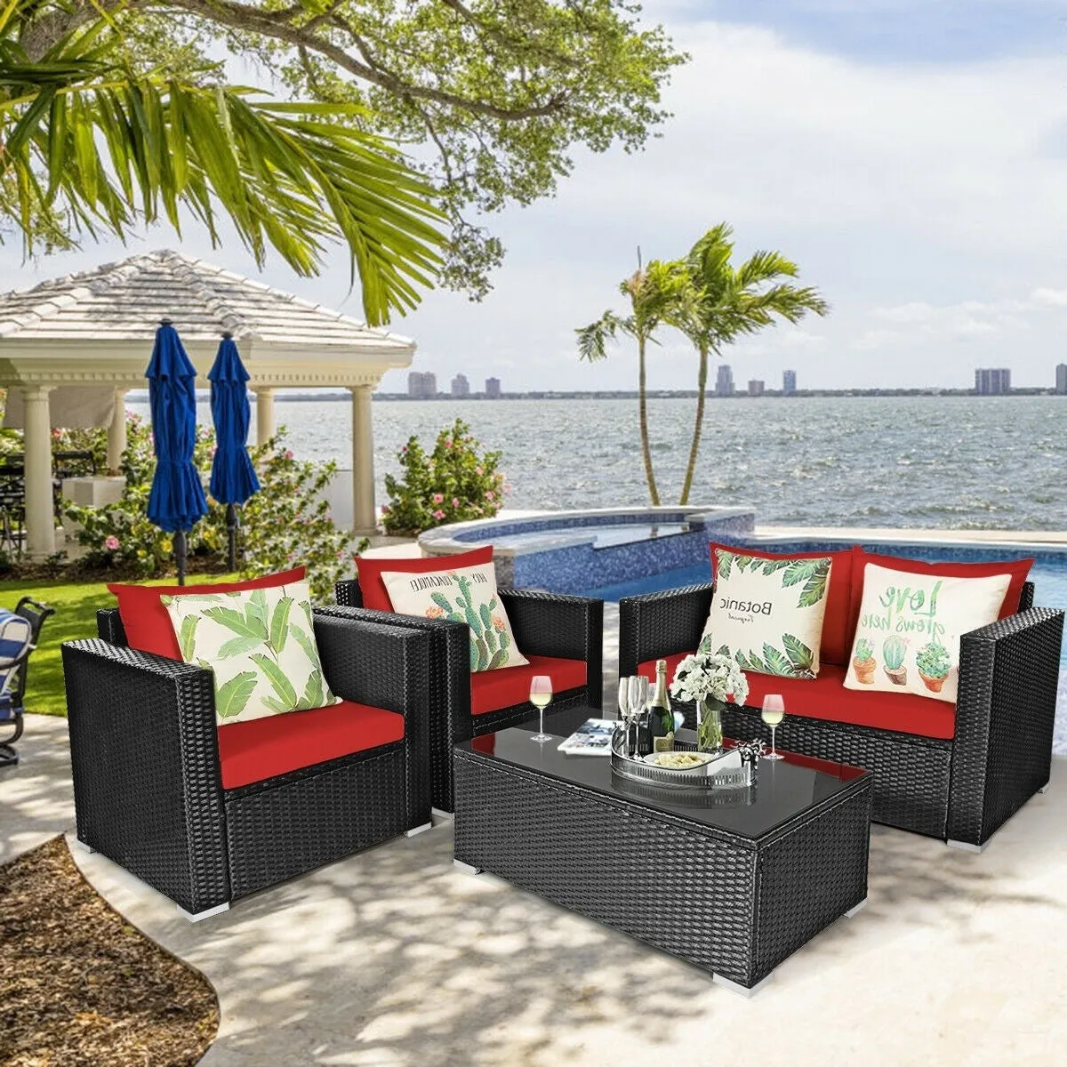 4pc Outdoor Wicker Rattan Cushioned Furniture Set - Red