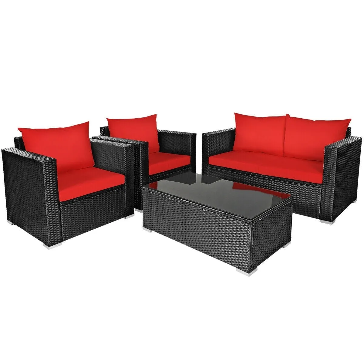 4pc Outdoor Wicker Rattan Cushioned Furniture Set - Red