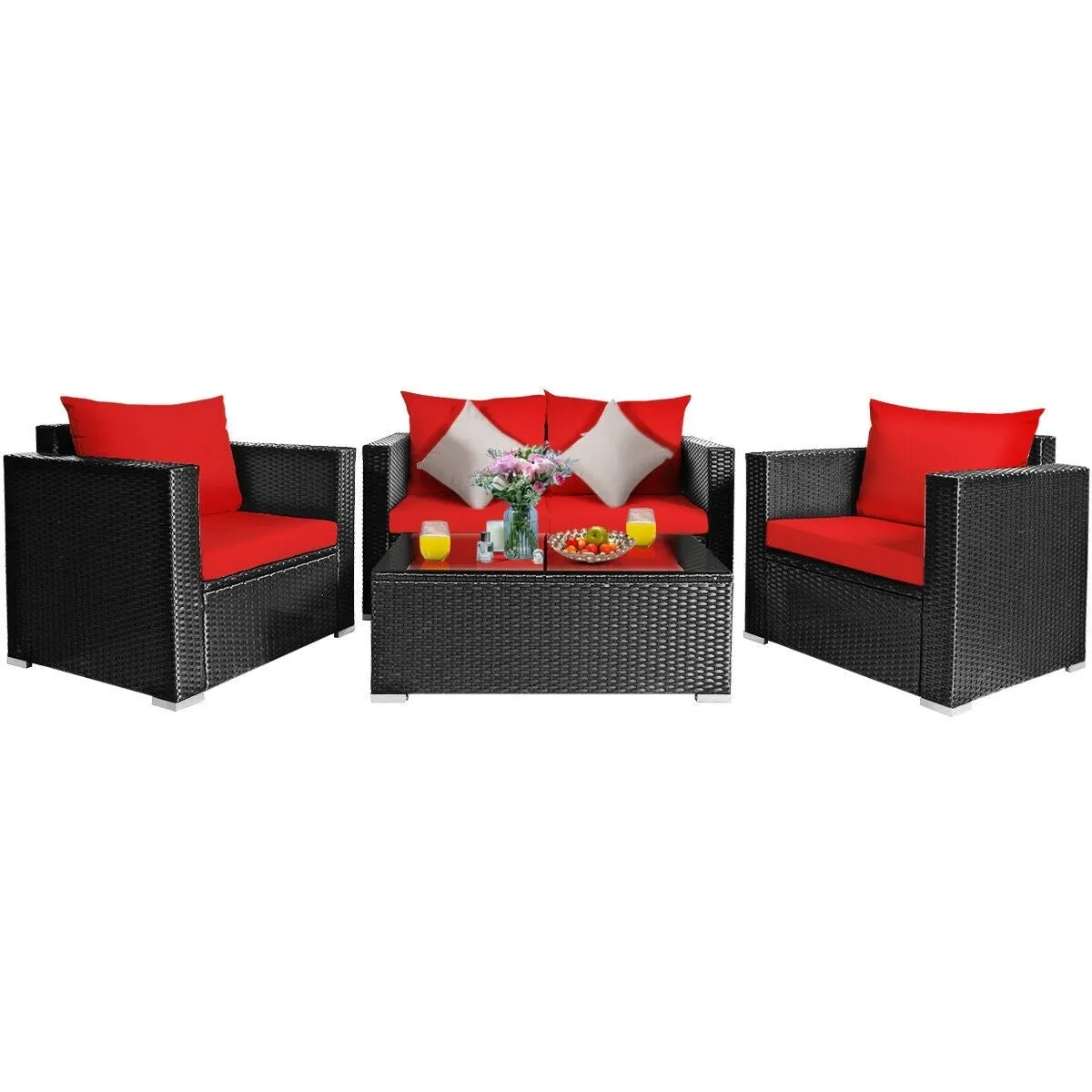 4pc Outdoor Wicker Rattan Cushioned Furniture Set - Red