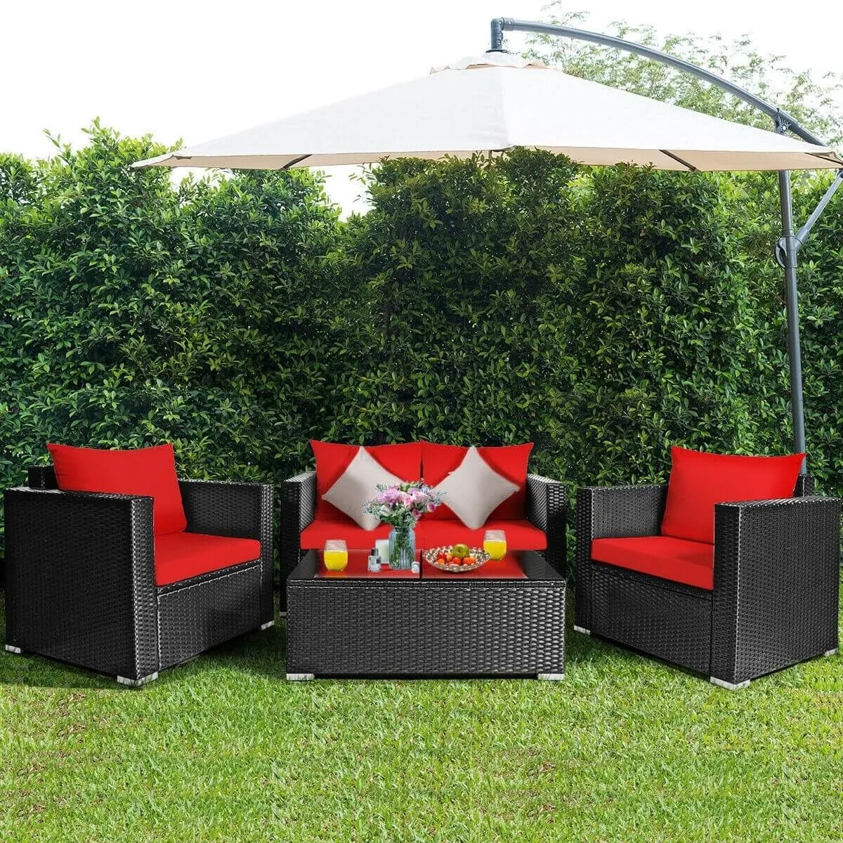 4pc Outdoor Wicker Rattan Cushioned Furniture Set - Red