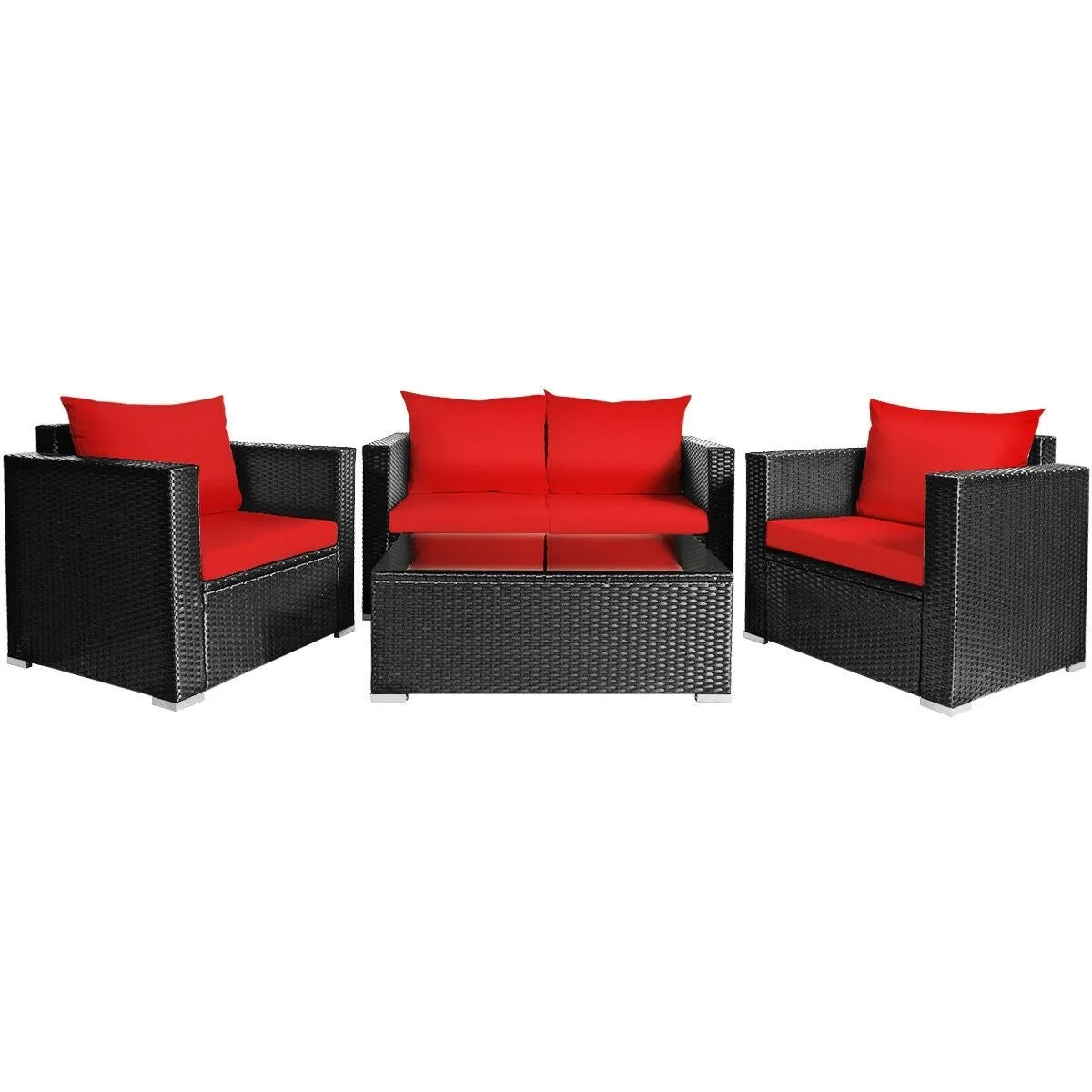 4pc Outdoor Wicker Rattan Cushioned Furniture Set - Red