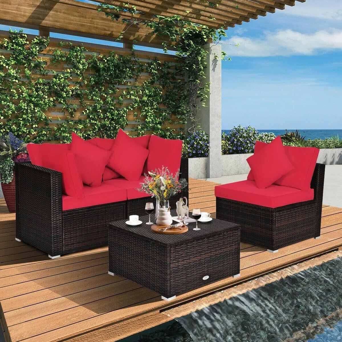 4pc Wicker Rattan Patio Cushioned Sofa Set - Red