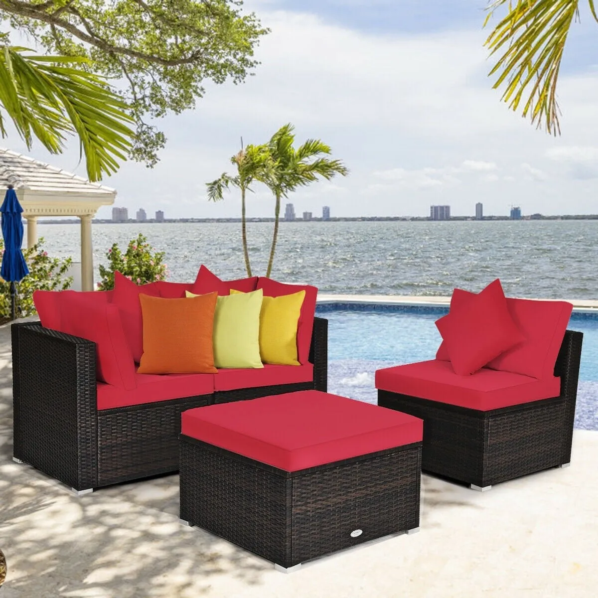 4pc Wicker Rattan Patio Cushioned Sofa Set - Red