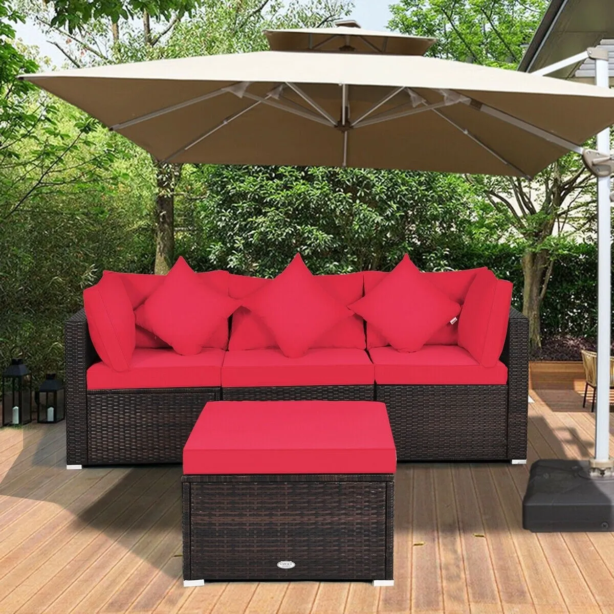 4pc Wicker Rattan Patio Cushioned Sofa Set - Red