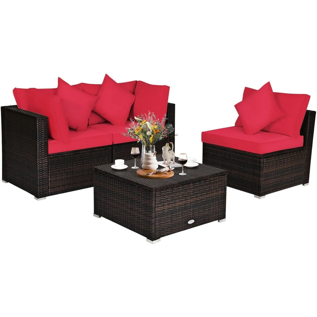 4pc Wicker Rattan Patio Cushioned Sofa Set - Red