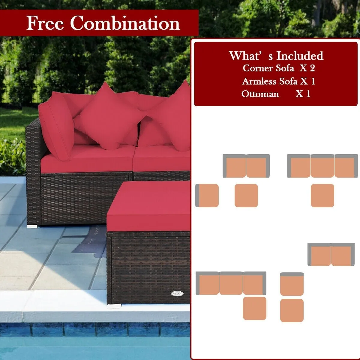 4pc Wicker Rattan Patio Cushioned Sofa Set - Red