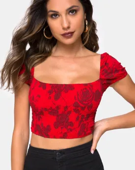 Alya Crop Top in Tonal Floral Red