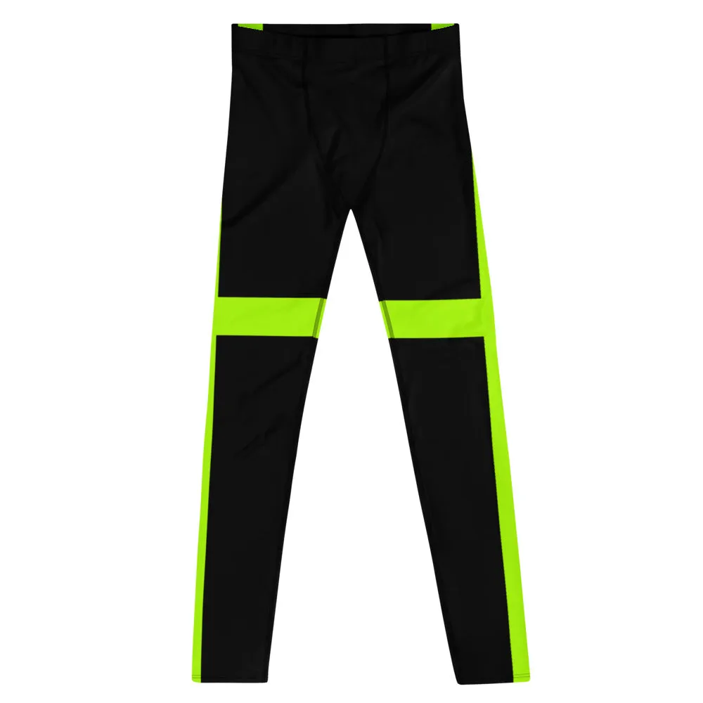 Black Green Neon Men's Leggings, Modern Minimalist Striped Meggings-Made in USA/EU/MX