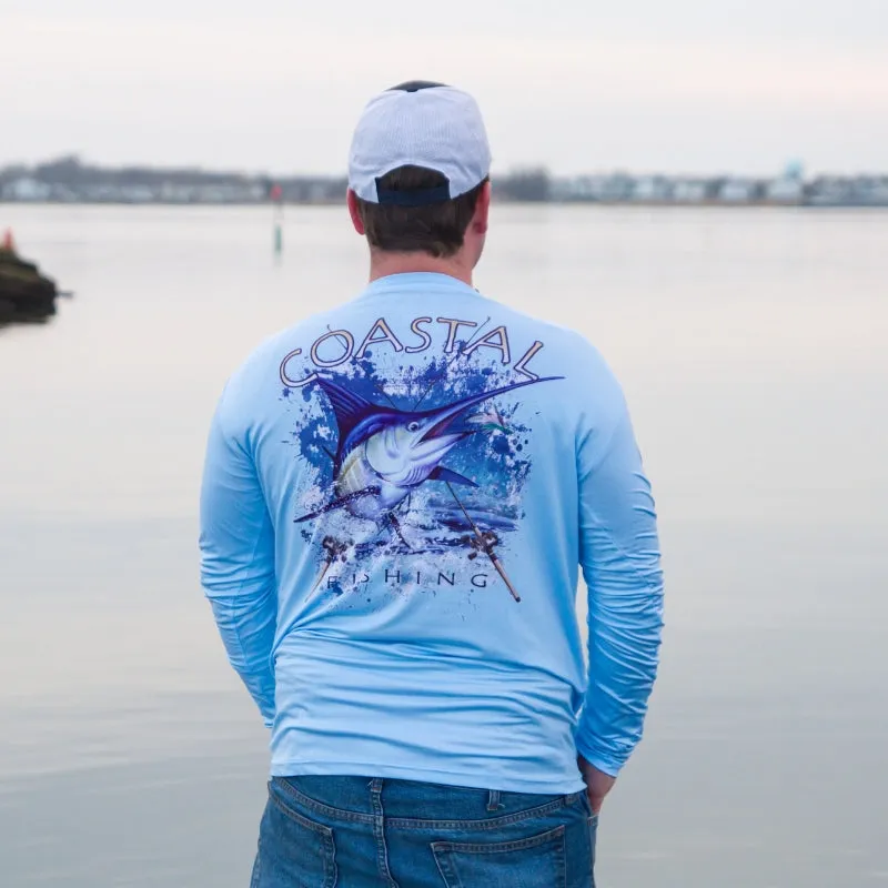 Coastal Blue Men's Long Sleeve QuickDry Fishing Shirt - Marlin Design