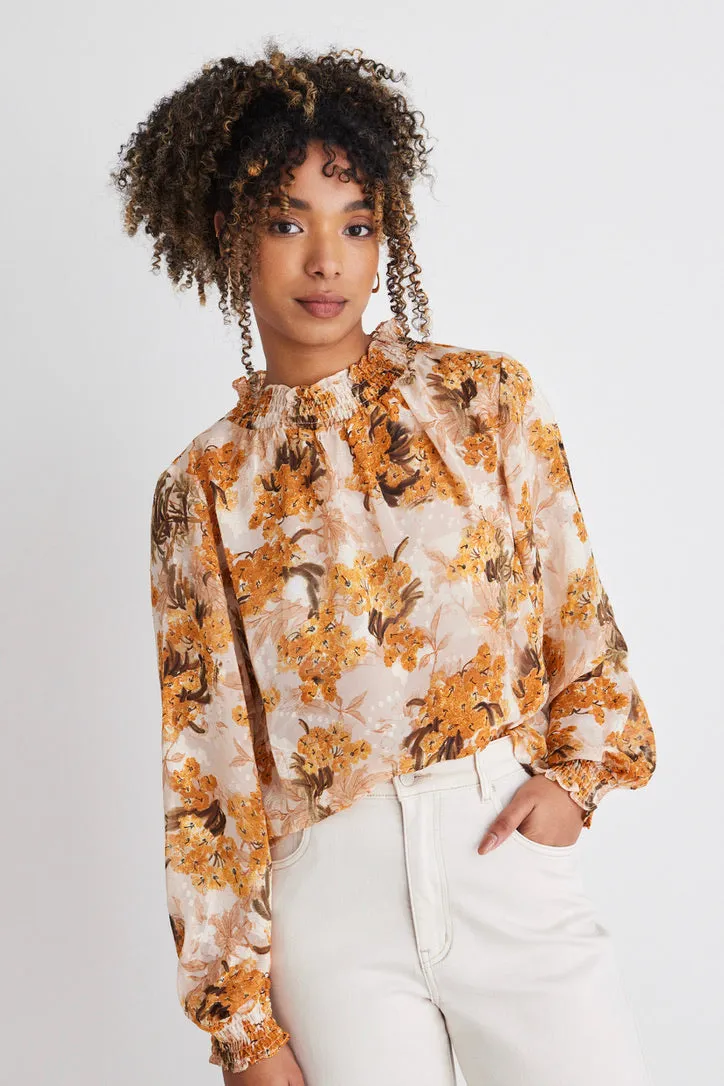 Embrace Pearl Marigold Floral Ls High Neck Shirred Puff Sleeve Top