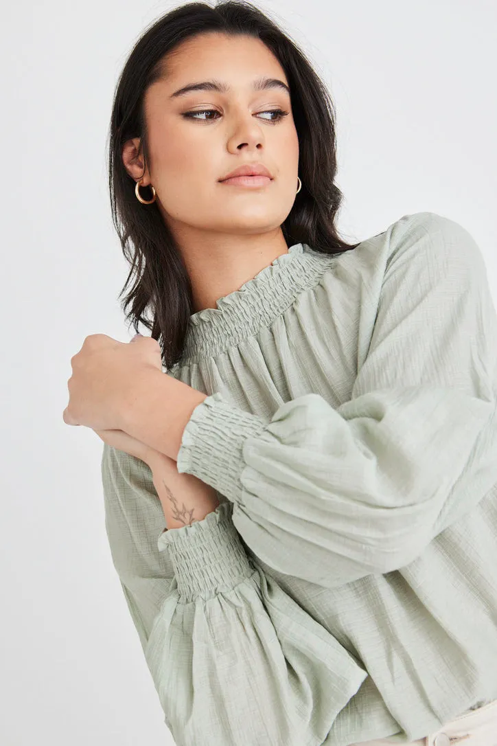 Embrace Sage Crinkle LS High Neck Shirred Puff Sleeve Top