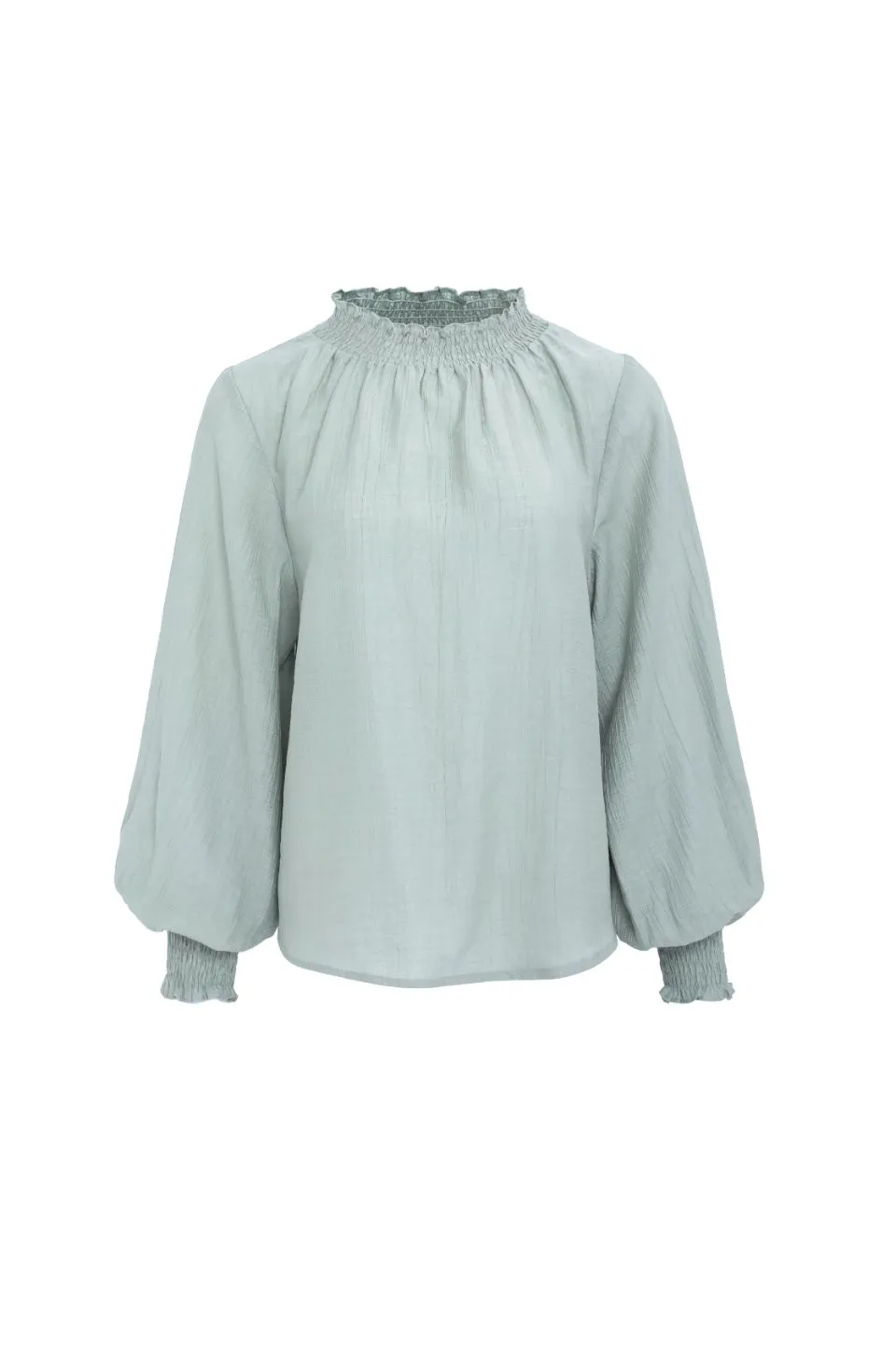 Embrace Sage Crinkle LS High Neck Shirred Puff Sleeve Top