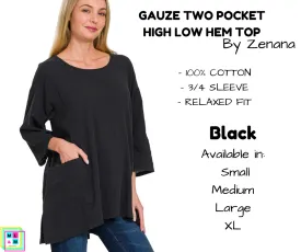 Gauze Two Pocket High Low Hem Top - Black