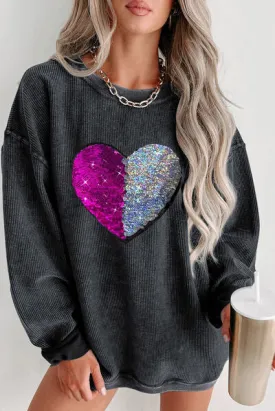 Heart Sequin Round Neck Sweatshirt