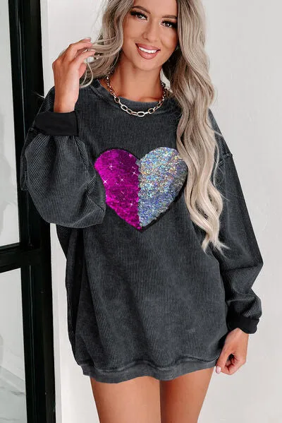 Heart Sequin Round Neck Sweatshirt