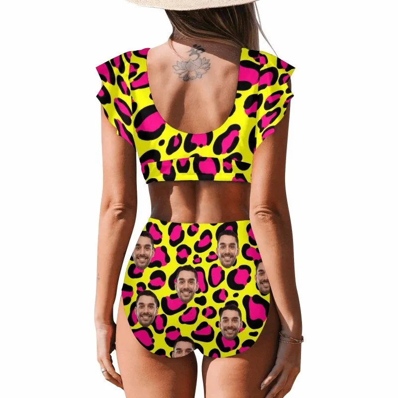 #Plus Size Custom Face Yellow and Pink Leopard Women Ruffle High Waisted Flounce Bikini Set Two Pieces Swimsuit Beachwear